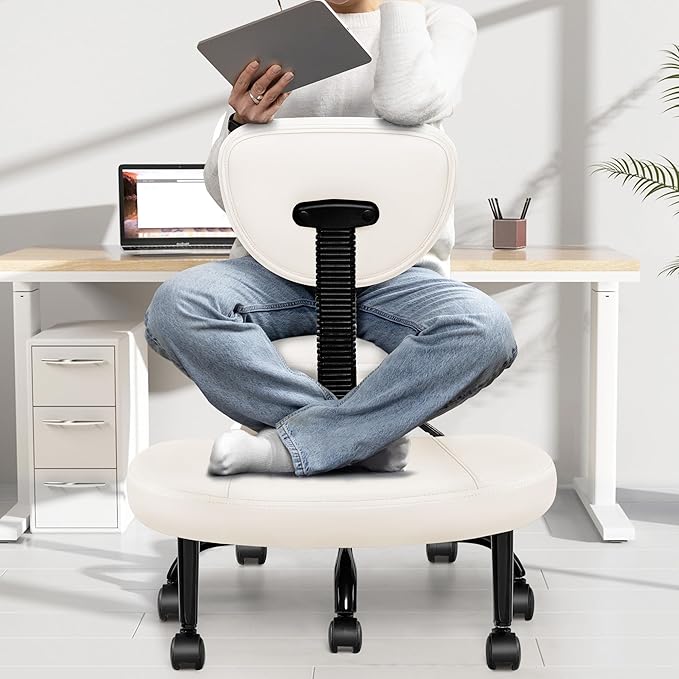 Primy Criss Cross Office Chair - ADHD Cross Legged Chair with Wheels - Adjustable Height Ergonomic Kneeling Desk Chairs for Meditation Yoga Home Office with Backrest, 360°Rotating Footrest -White