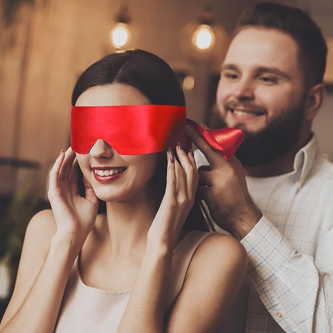 FRESHME 2pc Satin Sleep Mask - Lightweight Blindfold Eye Mask Cover for Women Men Couples Night Gift, Valentine's Day Gift Double Sides Dark Purple & Black+Red & Black 2pc Set