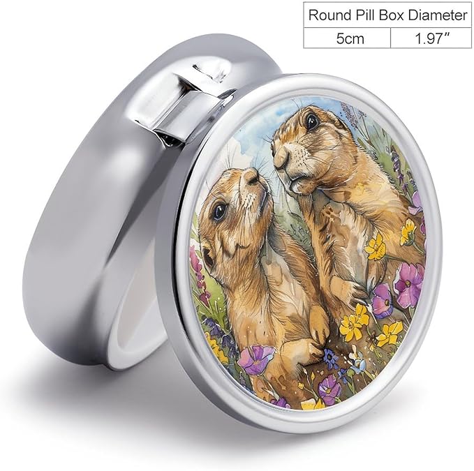 Two Prairie Dogs Pill Box Travel Pill Case for Purse Pocket Weekly Medicine Organizer with Mirror 3 Compartment Round Medicine Case Portable PillcaseHolder for Daily