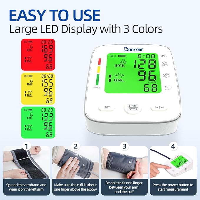 Berrcom Upper Arm Blood Pressure Monitor for Home Use, Automatic Digital BP Machine with Large LED Backlit Display, 2×99 Memory, Adjustable Cuff (8.7"-15.7"), Storage Bag