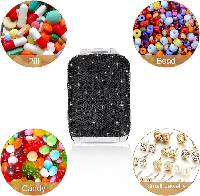 Soleebee Portable 8 Compartments Daily Pill Organizer, Bling Crystal Pill Box Case, Small Travel Pill Planner, Pill Dispenser, Medicine Container Organizer to Hold Vitamin, Fish Oil (Black)