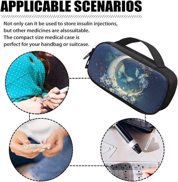 Blue Butterfly Moon Insulin Cooler Travel Case for Insulin Pen Sturdy Medical Cooler Bag Insulin Storage Bag for Diabetes and Other Diabetic Supplies for The Daily Life and Trip