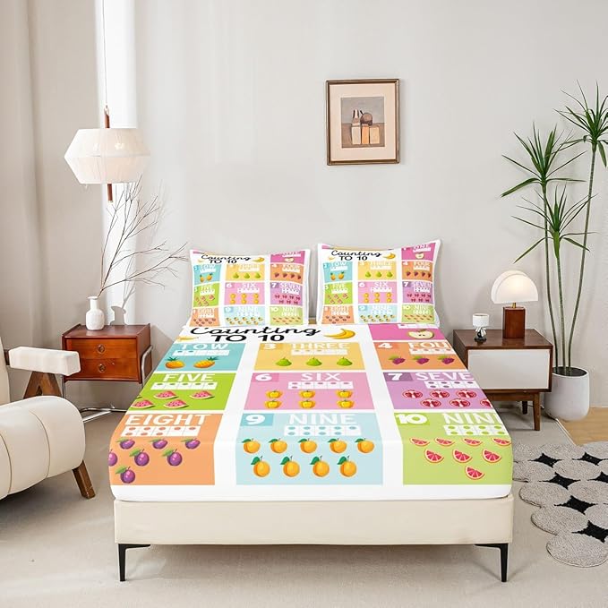 Feelyou Kids Numbers Bedding Set Twin Size, Educational Bed Sheet Set Boys Girls for Fruits Fitted Sheet Learning Teens Bedroom Decor with 1 Pillow Case (No Flat Sheet)
