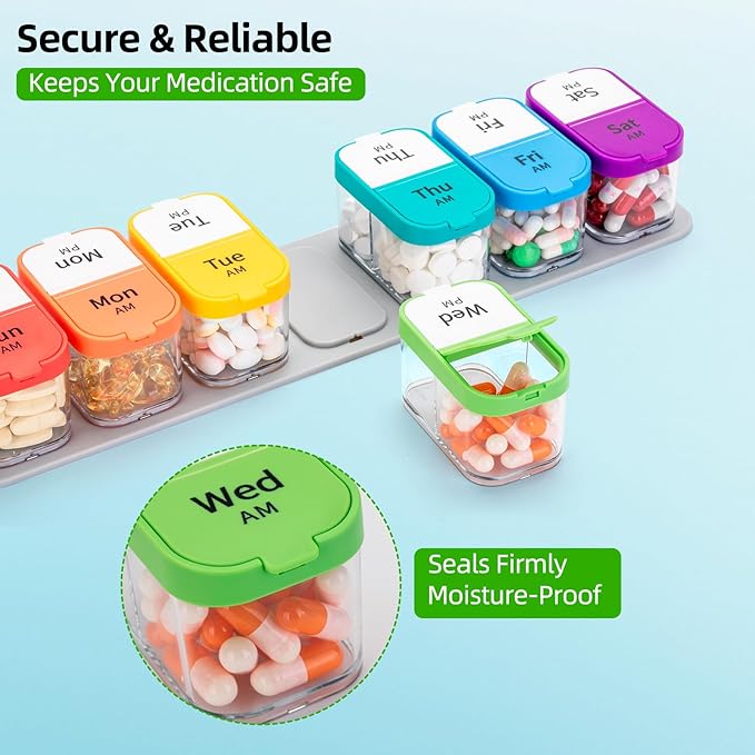 Weekly Pill Organizer,Extra Large Am Pm Medicine Container with Removable Compartments, BPA-Free Pill Sorters 7 Days 2 Times a Day for Vitamins and Supplements
