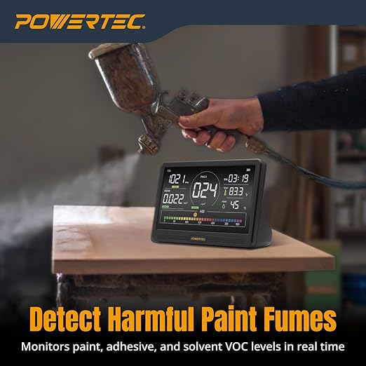 POWERTEC AD1001 Air Quality Monitor with 7” LCD Display – Multi-Sensor CO₂, PM2.5, PM10, HCHO, TVOC Detector, NDIR Sensors, Rechargeable Indoor/Workshop Air Monitor