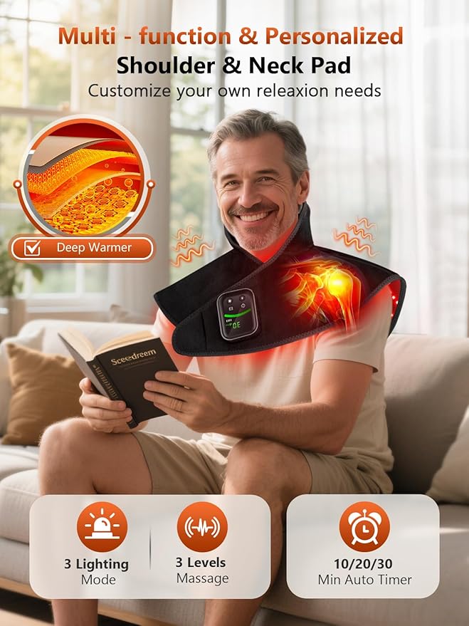 Red Light Therapy for Shoulders and Neck Massage with Heat, 5000 mAh Battery Cordless Near Infrared Red Light Therapy Pad for Body, Wearable Heating Pad for Upper Back, Shoulder & Neck