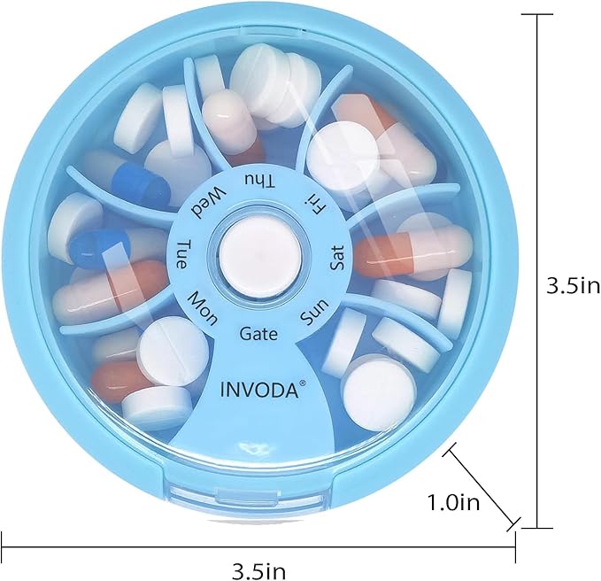 INVODA Weekly Pill Organizer with 77 Pre-Cut Medication Labels – 7 Compartment Rotating Medicine Box Daily Pill Case for Vitamins, Fish Oil & Prescriptions – BPA-Free Plastic – Compact Travel Size
