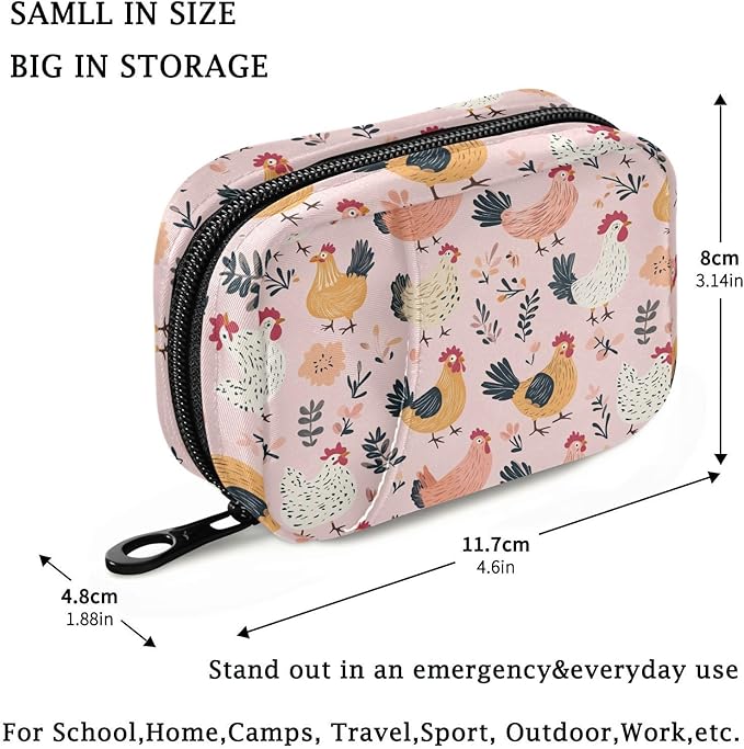 Fustylead Hand Drawn Cartoon Hens and Roosters on Pink Background Travel Pill Case Bag with Zipper Weekly Pill Box 8 Compartments 7 Day Personal Pill Case Purse Medicine Case Organizer