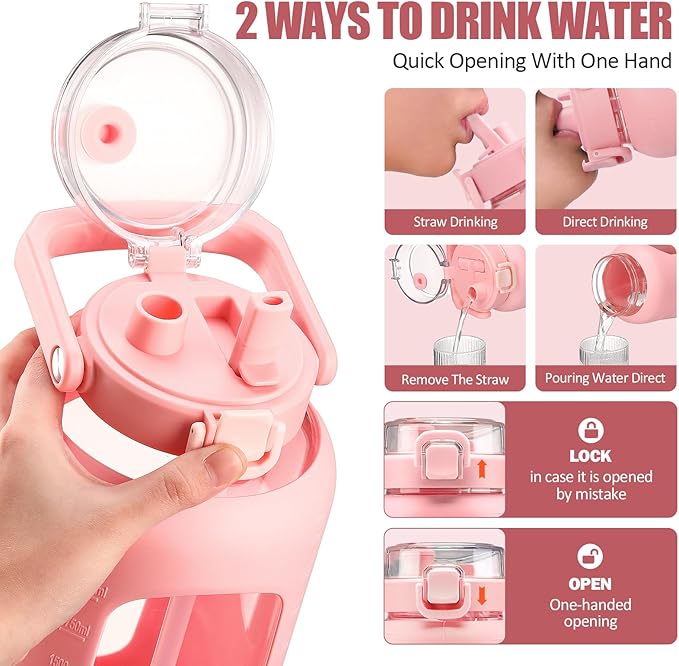 BLUEGO 84oz Glass Water Bottle with Straw and Handle, Large Water Bottle with Sip & Chug Lid, 2.5L Water Jug Silicone Sleeve with Time, Full Day Drinking Bottle for Sports BPA Free, Pink