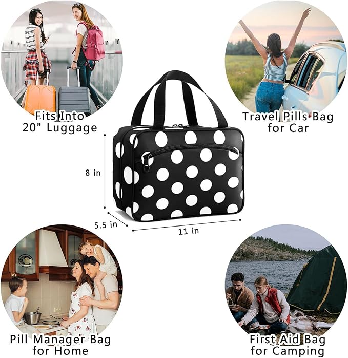 Naanle Pill Organizer Bag Travel Pill Bottle Medicine Organizer Home Storage Medication Bag for Vitamin Supplements, Black and White Polka Dots Empty First Aid Bag for Car Camping, 1.0 Count