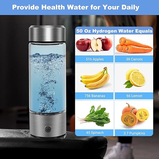 Hydrogen Water Generator Bottle, 14 Oz Portable Hydrogen Water Bottle with SPE and PEM Technology, Rechargeable Portable Glass Hydrogen Rich Water Generator Bottle Silver Color