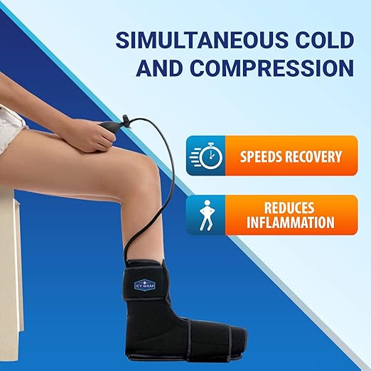 Cold Pack Compression Wrap for Ankle, Foot Pain - by Icy Wrap - Ice Pack Therapy Cryo-Cool Flexible Treatment for Injuries, Aches, Swelling, Sprains, Inflammation