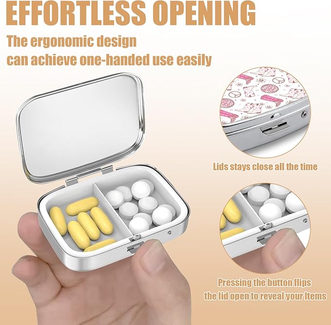 Pill Box-2 Compartment Small Pill Case Square Organizer Case with Mirror Portable Metal Medicine Box Travel Container for Pocket & Purse Women Men(Pink Western Girl)