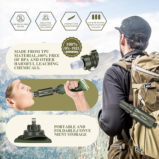 Timain Portable Personal Water Filter Straw Water Filter Survival Gear for Emergency Preparedness, Outdoor Activities, Travel, Camping, Hiking, Fishing, Hunting