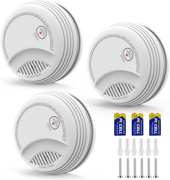 3 Pack Photoelectric Smoke Detector with 9V Battery Included Smoke Alarm, 10-Year Sensor, Test/Silence Button, Low Battery Warning, Easy Mount, Fire Alarm for Home Bedroom Living Room