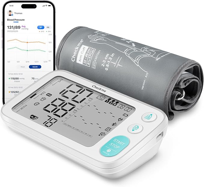 Checkme Blood Pressure Monitors for Home Use, Automatic Digital BP Machine with Bluetooth, Dual Display with 7 Days Trends, XL Size Cuff 8.7-17.7˝, 2 * 250 Storage, Dual Power Supply, Voice Broadcast