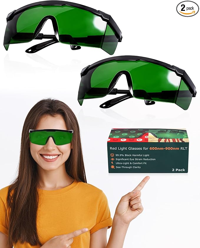 LIGHTMEUP Red Light Therapy Glasses Eye Protection for Infrared & LED Sessions Deep Green Goggles with 200-2000nm Harmful Wavelength Blocking, Maintain Visibility Full-Coverage Adjustable Leg 2 Pairs