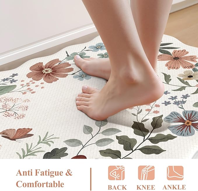 Collive Anti Fatigue Mats for Kitchen Floor, Scalloped Waterproof Kitchen Rugs Sets of 2 Padded Floral Rug, Memory Foam Comfort Standing Mat Non Slip for Office, Sink, Laundry, Beige