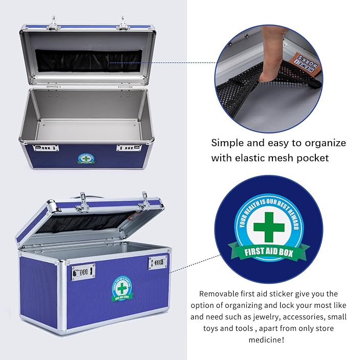 Lockable Medication Box with Portable Storage Case, 14.2''x 7.2''x 8.2'', Childproof Medicine Lock Organizer, Locked Empty First Aid Storage Case (Blue/Large)