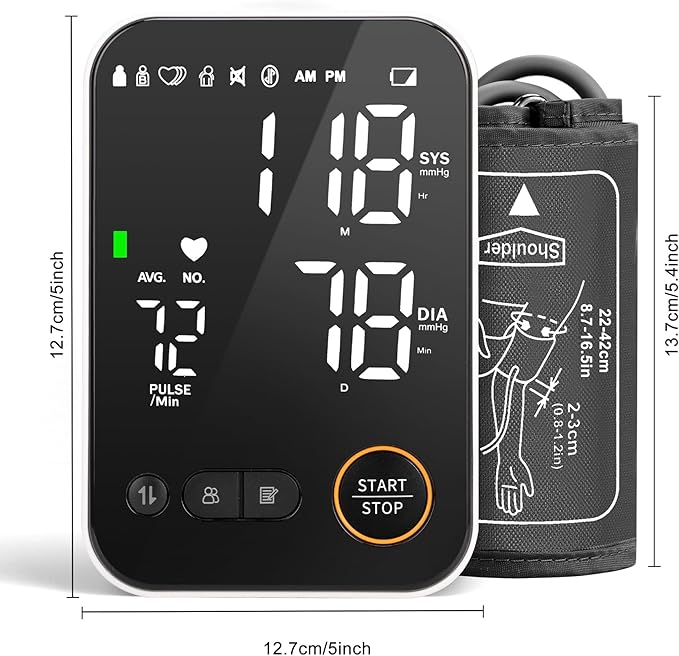 Blood Pressure Monitor Upper Arm - Bluetooth iOS & Android Compatible One-Button Operation Voice Broadcast Large LED Display Backlit 2x120 Memory Adjustable Cuff 8.7"-16.5" with Storage Bag Black