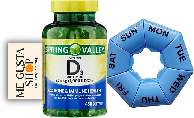 Vitamin D3 25mcg, 1,000 IU, 450 Count Softgels Spring Valley Bundle with Pill Organizer and Me Gustas Sticker Pack of 02