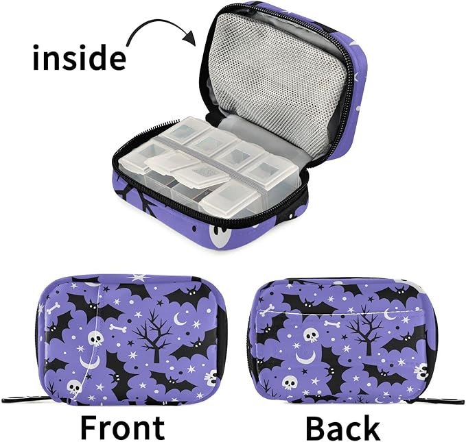 Halloween Bats Pill Box 7 Day Pill Case Travel Pill Organizer Bag with Zipper Portable Weekly Vitamin Medicine Supplement Holder Pouch Bag