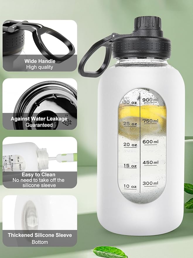 40oz Glass Water Bottle with Handle Lid Time Marker Motivational Sport Water Jug with Silicone Sleeve Water Flask Canteen Wide Mouth Water Bottle for Gym Workout Travel Office Home Everyday Hydration
