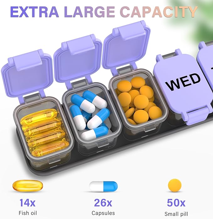 2-Pack Extra Large Weekly Pill Organizer - XL Vitamin Holder with 7 Detachable Compartments, Portable Medicine Pill Organizer for Supplements, Daily Pill Case for Home and Travel
