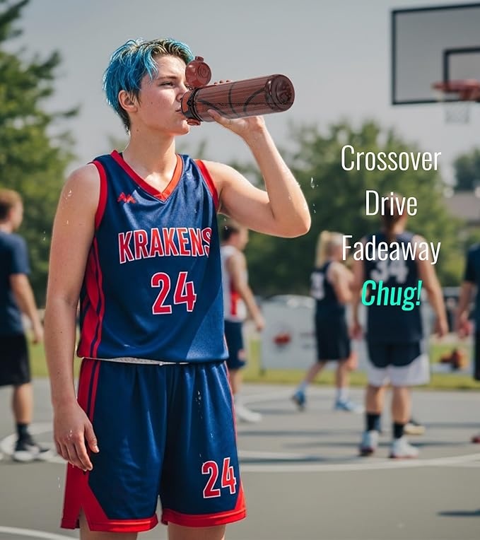 32oz/1L Sport Water Bottle, Light Tritan, Quick-Open Chug Lid/Straw 2-in-1, Leak-Proof, Dishwasher-Safe, BPA-Free, Drop-Resist & Scratch-Resist for Travel/Gym/Office/Fan Gift (Basketball 2)