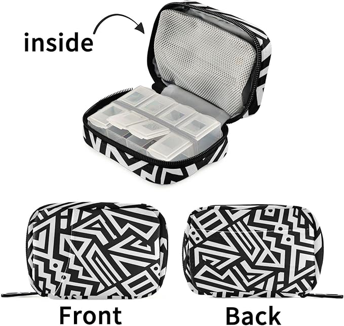 Black and White Geometry Pill Organizer Box Case Container Holder 7 Days Weekly Travel Cute Vitamin Dispenser Sorter Planner Storage Small Compact Men Women