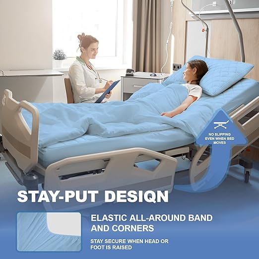 Lounsweer 3 Piece Hospital Bed Sheet Set, Blue Waterproof Bed Sheet Set, Incontinence Protection for Home and Hospital Use, Include 1 Fitted 36" x 84" x 12" 1 Flat and 1 Pillowcase
