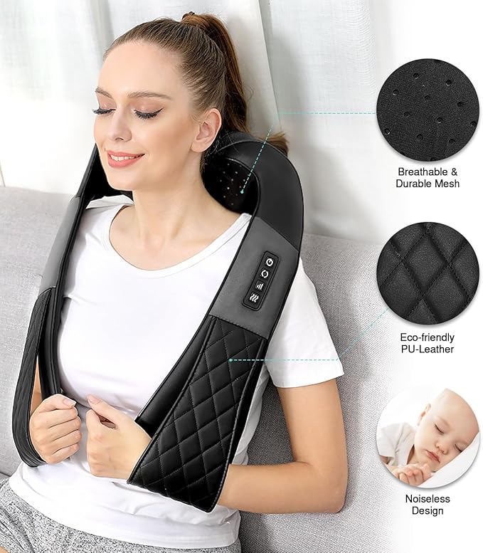 Shiatsu Neck and Back Massager with Heat, Electric Deep Tissue 4D Kneading Massage Pillow for Shoulder, Leg, Body Muscle Pain Relief - Best Gifts for Women Men Mom Dad (Black Grey)