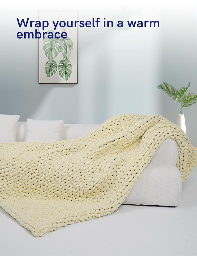 YnM Chenille Weighted Blanket, Handmade Chunky Knitted Design, Soft and Cozy, Temperature Regulating and Breathable, Machine Washable Throw for Sleep or Home Decor (Sparkling White, 50x60 Inch, 10lbs)