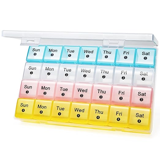 Monthly Pill Organizer 28 Day, 4 Weeks Pill Box 7 Day, XL Weekly Medicine Organizer for Vitamins, Fish Oil, Supplements (Multicolor)