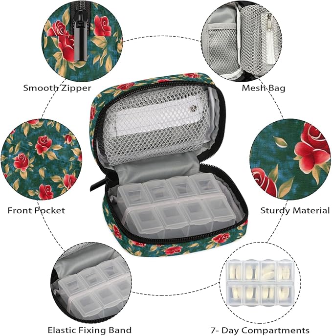 Floral Retro Flower Pill Case Everyday Travel, 7 Day Weekly Medicine Pill Box Compact Portable Pills Bottle Organizer with Zipper for Daily Vitamin Medicine Holder Bottle Organizers Bag