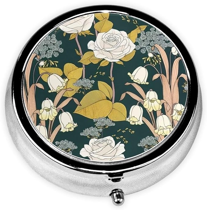 Metal Silver 3 Compartment Pill Box Pocket Portable Mini Travel Pill Case Small Round Decorative Medicine Box Vitamin Pill Organizer with Flower