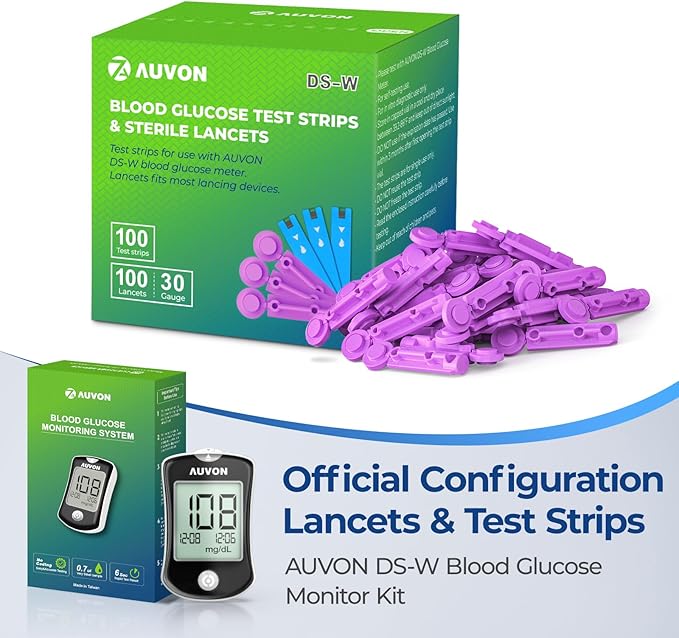 AUVON Blood Glucose Test Strips & Diabetic Lancets Kit, 100 Test Strips for Diabetes, 30 Gauge 100 Lancets for Blood Testing with Less Pain, Fit AUVON DS-W Glucose Meter