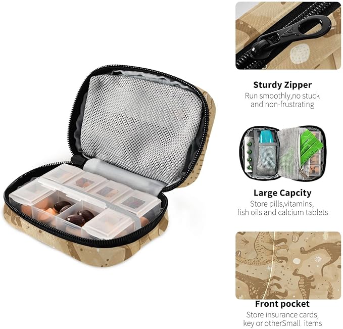 Retro Brown Dinosaur Floral Leaves Travel Pill Organizer Case Box Container Weekly Portable Vitamin Medicine Holder Storage Bag with Zipper Removable