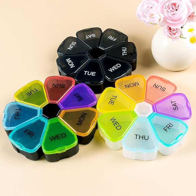 7 Day Pill Case for Medication, Vitamins, Fish Oils, Supplements, Travel Pill Box (Black Rainbow)