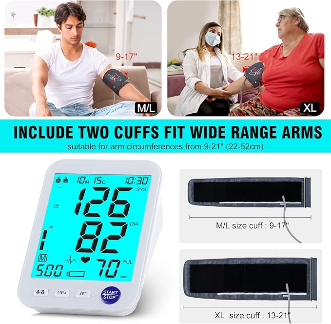 Blood Pressure Monitor-Automatic Blood Pressure Machine XL Cuff for Big Arms 13-21”-Medium/Large Cuff 9"-17" Extra Large Backlit LCD Two User 1000 Mem (Blue