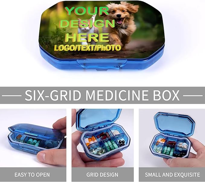 Customizable Portable 6-Compartment Pillbox, Printed with Your Photo, Text, and Logo. It can be Placed in Your Pocket or Wallet to Store Vitamins, Medicines/Health Supplements/Other medications.