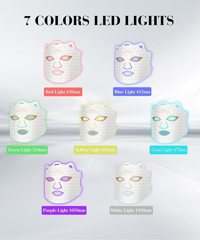 Red Light Mask for Face, 7-1 Colors Facial Care Mask, 850nm Infrared & Red Light Masks, Ergonomic Design for Home & Travel, White