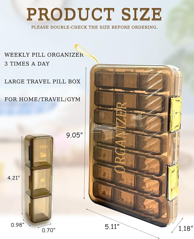 Weekly Pill Organizer 3X a Day, Large 7 Day Pill Box 3 Times, Portable for Travel Pill Case for Pills Vitamin Fish Oil Medication Supplements (Brown)
