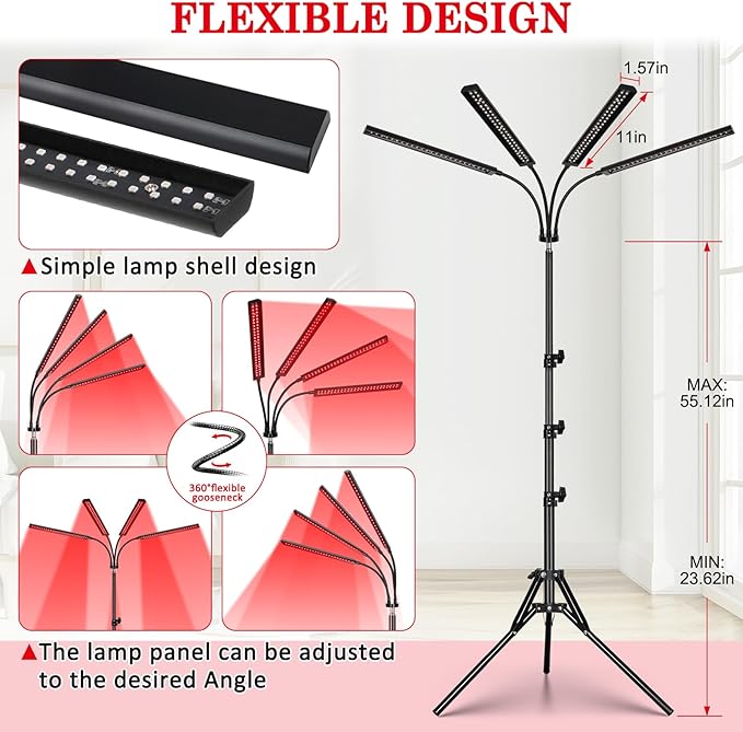 SAVILER® Red Light Therapy with 4 Heads, 3-in-1 Chip Infrared Light Therapy Device, Adjustable Stand, 660nm Red Light and 850nm Near Infrared Light for Face, Body, Pain,Skin, Home Use