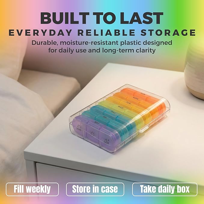 Weekly 3 Times a Day Pill Organizer - Large 7 Day Medicine Planner with Separate Daily Containers, Clear Storage Case, Easy Open Lids, Travel Pill Box for Vitamins, Supplements & Medication, Rainbow