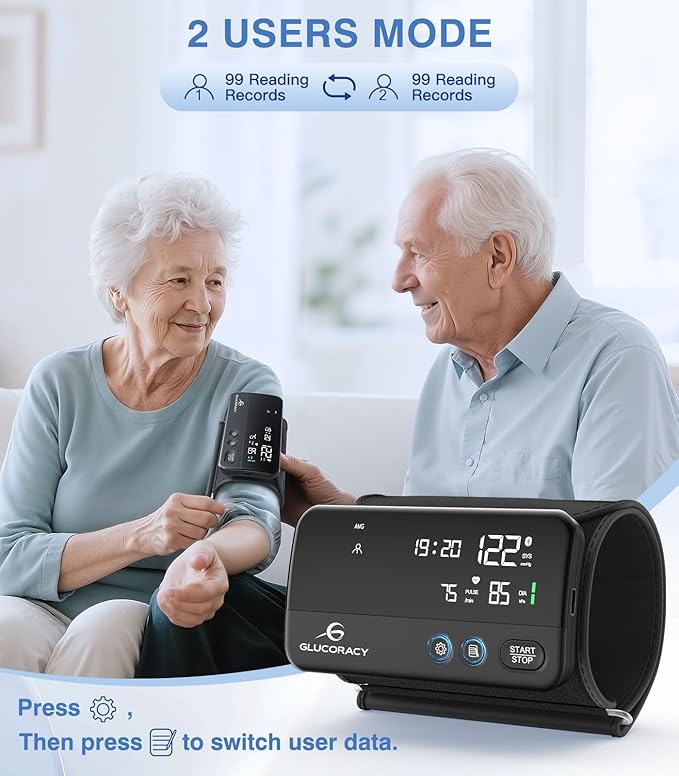 Glucoracy Upper Arm Blood Pressure Monitor, Rechargeable Blood Pressure Machine, Blood Pressure Monitors for Home Use, Portable One-Piece Design, Adjustable Wide Range Arm 10.6"-16.5", Large Display