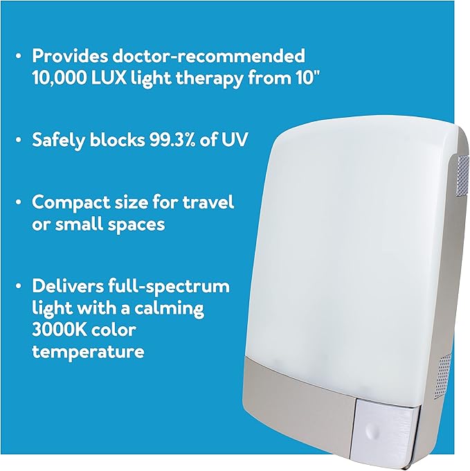 Carex Sunlite Bright Light Therapy Lamp, 10000 LUX Therapy Lamp at 10 Inches, LED Bright White Light with Adjustable Height and Brightness Levels for Mood, Portable for Travel or Small Spaces, Silver