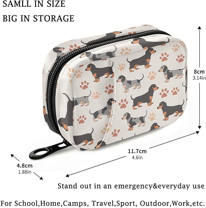Fustylead Cute Cartoon Dachshund Dogs and Paw Prints Pill Organizers 2 Times A Day Pill Case Bag with Zipper Portable Weekly Pill Dispensers for Vitamin Supplement