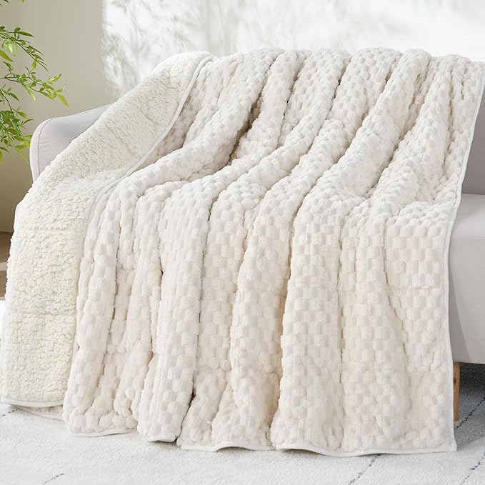 Drewin Weighted Blanket 15lbs, Adult Weighted Blankets with Double-Sided Shaggy Sherpa, Soft Plush Jacquard Bed Blanket for Sleeping and Calming, Ceramic Beads, Cream White, 48 x 72 inches