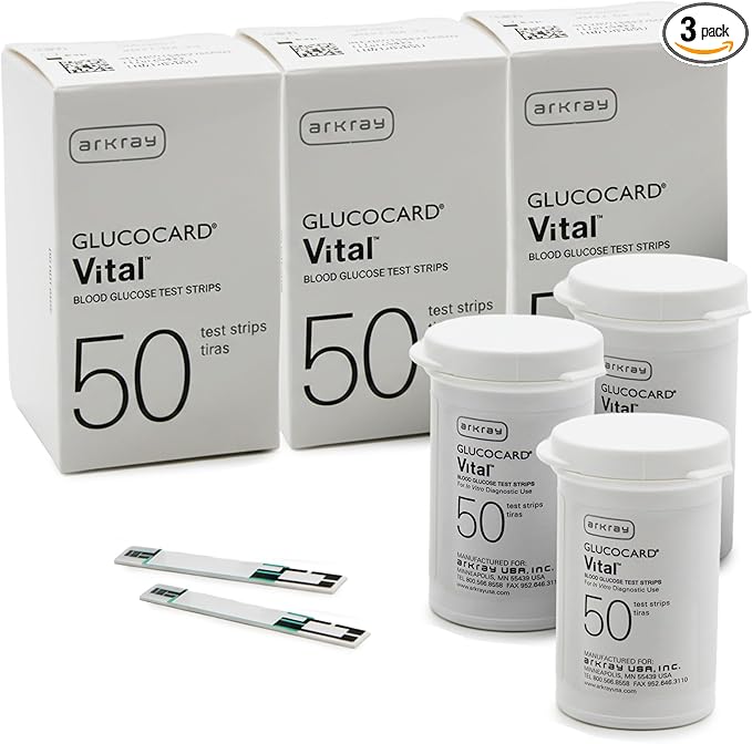 ARKRAY GLUCOCARD Vital Blood Glucose Test Strips – No Coding Required, Fast 7-Second Results, 0.5 Microliter Sample Size – Compatible with GLUCOCARD Vital Glucose Meter, 150 Count (3 Packs of 50)